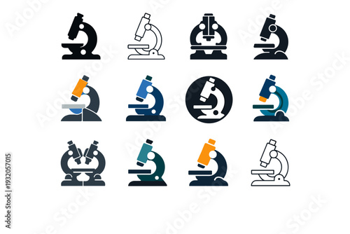 Science lab. Icon set. Set Logo of Science lab: microscope. harmonious logo variations of the same emblematic concept, each with different artistic