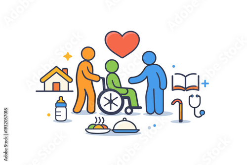 Care economy highlighting everyday support roles where simple human figures, a heart symbol, and small service icons form a calm visual metaphor of empathy,