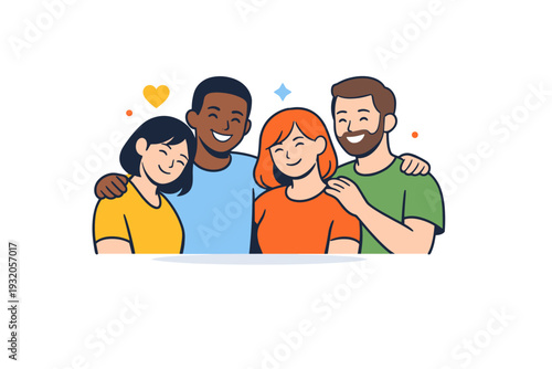 Chosen family expressed through a small diverse group standing close together, sharing relaxed smiles and gentle gestures that signal trust, belonging, and