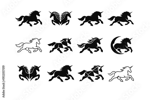 Unicorns in a mystical meadow. Icon set. Set Logo of unicorn: unicorn silhouette galloping. harmonious logo variations of the same emblematic concept, each