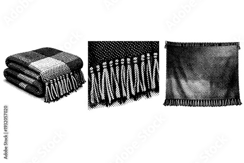 Throw blanket with fringe, a realistic fringed throw blanket shown folded, fringe close-up edge view, and fully extended view as three object representations
