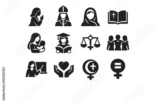 Women in Religion. Solid icon set of Women in Religion: woman praying, female religious leader, veil headscarf, sacred book, mother and child, women education,