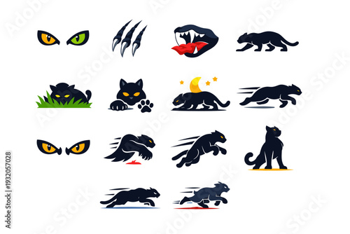 Ruthless hunters. Colorful flat vector icons set of Ruthless hunters: predator eyes, sharp claws, fangs bite, stalking silhouette, ambush pose,