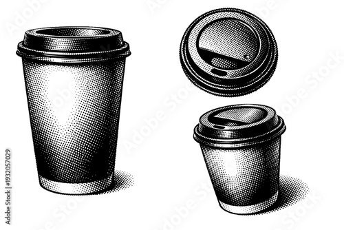 Coffee cup takeaway with lid, a single takeaway coffee cup with plastic lid presented in three views including side view, top view, and three-quarter angle