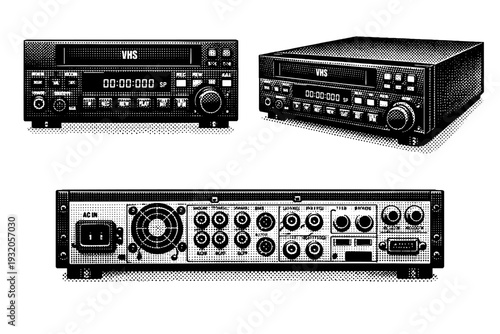 VHS Player ? Professional studio VHS deck depicted in straight-on view, angled view, and rear connection panel view, maintaining accurate industrial