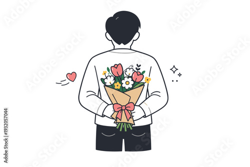Romantic flowers gift. A warm editorial moment of a person holding a bouquet behind their back, preparing a surprise. Anticipation and affection shown through