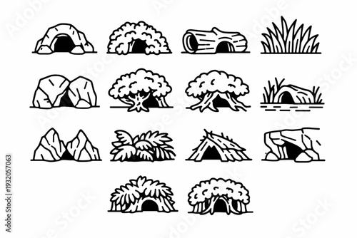Nature Hiding Place. Line icon set of Nature Hiding Place: cave entrance, bush shelter, fallen log hideout, tall grass, rock crevice, tree canopy, root hollow,