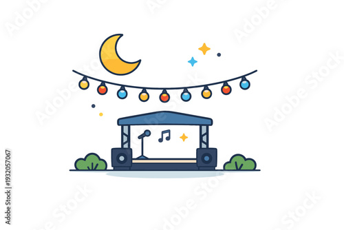 Festival summer night scene represented by a moon and string lights above a minimal stage element, conveying atmosphere, warmth and memorable evenings. A calm