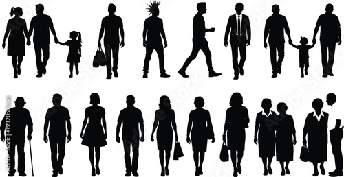 Diverse people silhouettes vector illustration, men women children elderly in casual and formal attire, walking standing holding hands, decorative black and white artwork