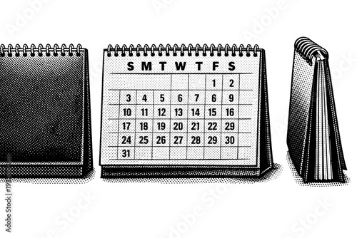 Paper Calendar ? Spiral-bound paper calendar shown in closed cover view, open month spread view, and side profile highlighting spiral binding, represented as