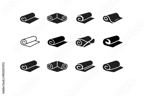 Mat. Icon set. Set Logo of Mat: folded mat. harmonious logo variations of the same emblematic concept, each with different artistic interpretation (Flat solid,