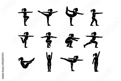 Gymnast Balance. Solid icon set of Gymnast Balance: gymnast one-leg balance, gymnast arabesque, gymnast scale pose, gymnast arm extension, gymnast pointed toe