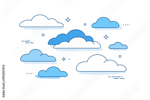 Cloud patterns in blue sky. An abstract editorial scene focusing on rhythm and balance of cloud shapes across the sky. Floating forms create a sense of calm