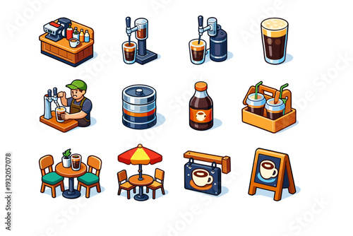 Coffee Shop Cold Brew. Colorful isometric vector icons set of Coffee Shop Cold Brew: cafe counter, cold brew tap, nitrogen tap, nitro cold brew glass, barista