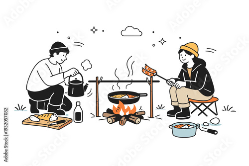 Cooking by the fire. A calm editorial scene of people preparing simple food over a campfire. The mood feels practical yet cozy, with small motion lines