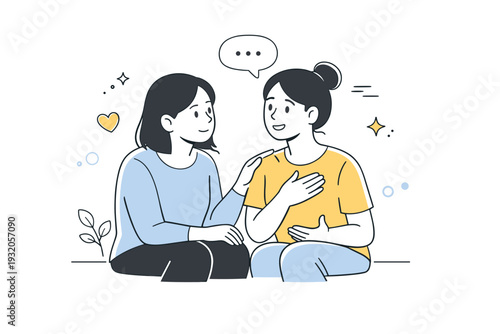 Supporting friendships. One friend listening while another speaks, calm and empathetic body language. Feeling of trust and emotional support, soft abstract