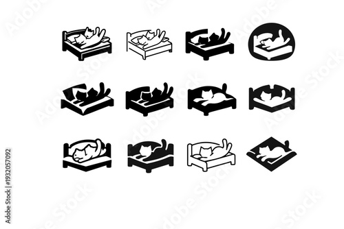 Stretching in bed. Icon set. Set Logo of Stretching in bed: relaxed cat on bed. harmonious logo variations of the same emblematic concept, each with different