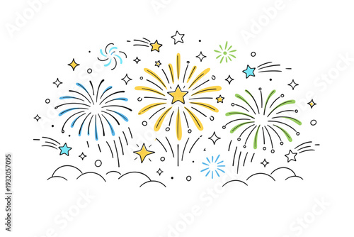 Celebration night sky. A calm yet festive scene of fireworks bursting in the sky, symbol of achievement and positive outcome, abstract spark shapes floating