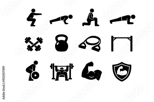 Strength Tabata. Solid icon set of Strength Tabata: bodyweight squat, push up, lunges, plank, dumbbell, kettlebell, resistance band, pull up bar, deadlift,