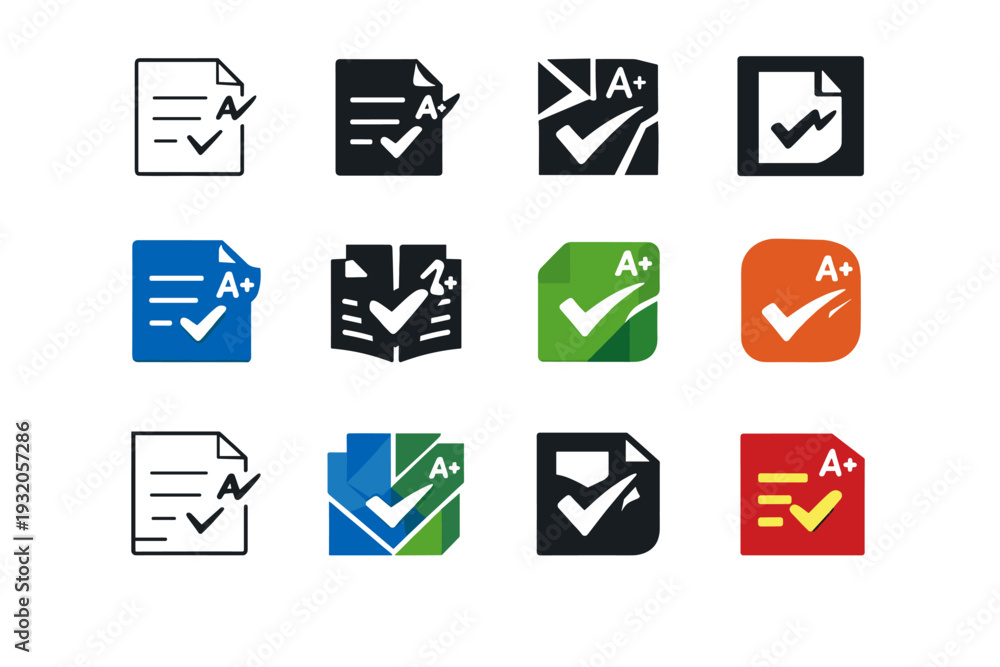 Naklejka premium Student assessments. Icon set. Set Logo of assessment: grade sheet. harmonious logo variations of the same emblematic concept, each with different artistic