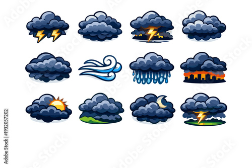 Dark Clouds Overhead. Colorful isometric vector icons set of Dark Clouds Overhead: storm clouds, heavy cloud cover, lightning bolt, distant thunder, overcast