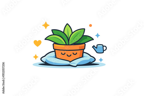 Plant care as self-care visualized by a calm plant resting on a surface with gentle sparkles, conveying relaxation, routine and emotional balance. A compact