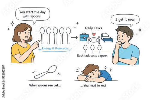 Explaining spoon theory. One person gently explaining the concept to another using simple spoon symbols. Friendly educational interaction with clear visual