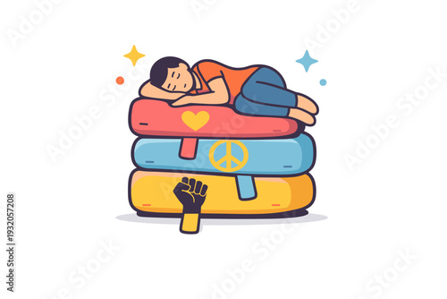 Rest as resistance illustrated by a person resting on stacked cushions shaped like simple protest signs. The image blends softness and strength suggesting