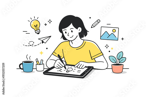 Creative freelance work. A friendly editorial scene of a freelancer sketching ideas or designing on a tablet. The illustration suggests creativity, flow, and