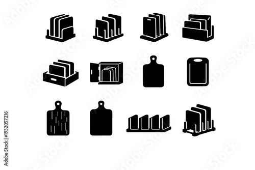 Cutting board slot. Solid icon set of Cutting board slot: cutting board holder, vertical board rack, countertop board stand, wall mounted board slot, drawer