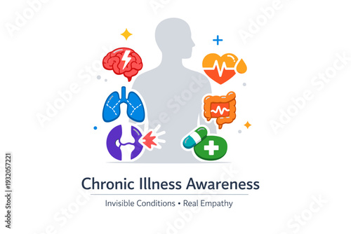 Chronic illness awareness represented by a body silhouette with highlighted supportive icons, symbolizing invisible conditions and the need for empathy and