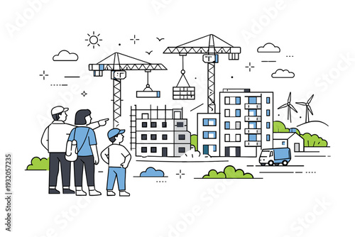 Urban development outside megacities. Construction cranes and new buildings shown in a clean, optimistic way with people observing progress. Sense of