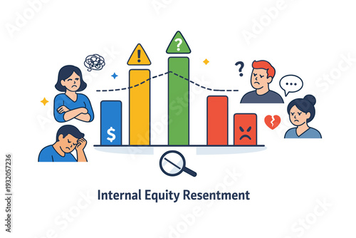 Internal equity resentment shown as a team chart with misaligned bars and subtle warning symbols, expressing dissatisfaction with internal compensation