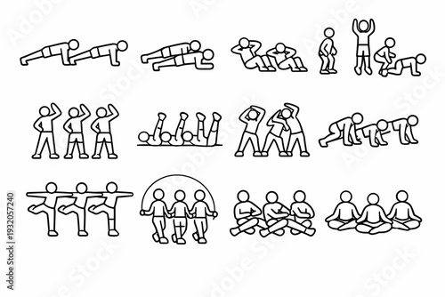 Group Workout Exercises. Line icon set of Group Workout Exercises: group push ups, group planks, group sit ups, group burpees, group stretching arms, group leg