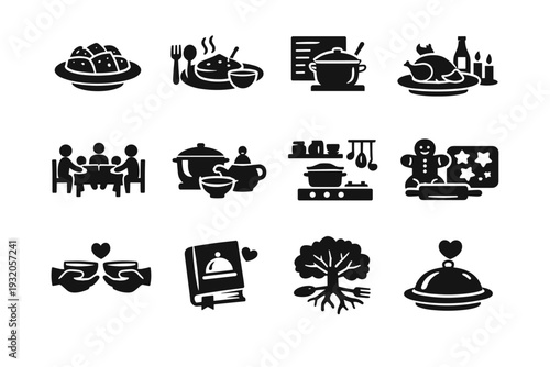 Family Food Heritage. Solid icon set of Family Food Heritage: traditional dish, cultural meal, heritage recipe, festive food, generational table, cultural