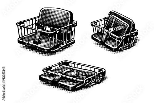 Shopping cart child seat A fold-down shopping cart child seat with wire structure and hinge detail, presented in three positions to demonstrate shape and