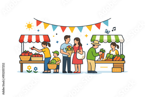 Spring market featuring a lively scene of shoppers browsing colorful produce stands under bunting flags, conveying community, excitement, and