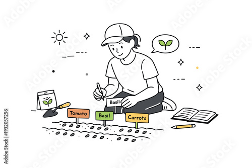 Marking and labeling. A person placing small labels next to newly planted seeds, organizing and planning for growth. Calm, thoughtful scene with minimal