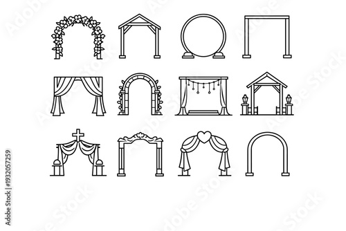 Wedding Arch. Line icon set of Wedding Arch: floral wedding arch, wooden arch, circular arch, square arch, draped fabric arch, garden arch, ceremony backdrop,