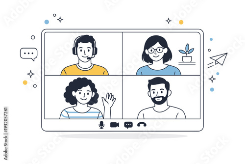 Remote team video call. A group of colleagues appearing on a screen, friendly smiles and calm engagement during virtual meeting, subtle floating decorative