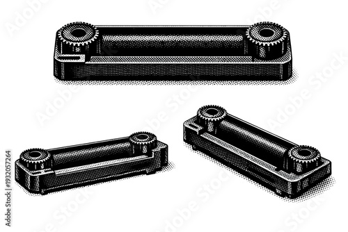 Credit card imprinter ink strip A detailed ink strip of a vintage credit card imprinter presented as a single object in three views including top, side, and