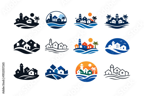 Coastal town. Icon set. Set Logo of Coastal town: seaside houses. harmonious logo variations of the same emblematic concept, each with different artistic
