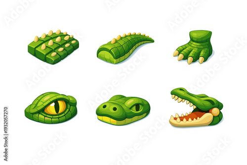 Crocodile anatomy. Isometric flat vector icons set of Crocodile anatomy: armored back plates, muscular tail section, powerful legs, eye ridge, nostrils snout,