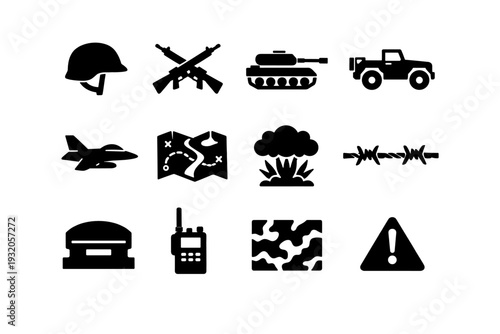 Battlefield. Solid icon set of Battlefield: soldier helmet, crossed rifles, tank, military jeep, fighter jet, battlefield map, explosion blast, barbed wire,