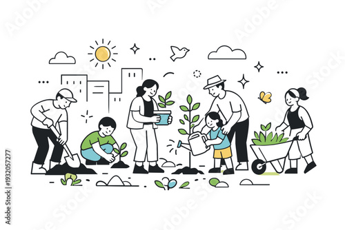 Community-led rewilding. A friendly editorial moment of neighbors working together to transform a grey urban space into a green area. A sense of shared