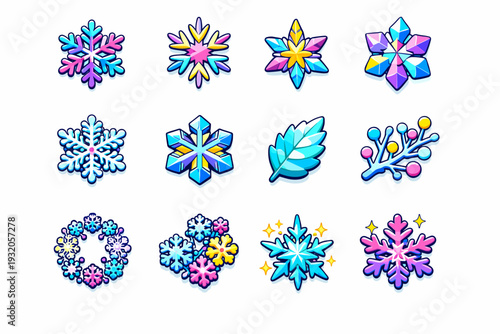 Snowflakes. Colorful isometric vector icons set of Snowflakes: six-pointed snowflake, eight-pointed snowflake, star-shaped snowflake, crystal snowflake,