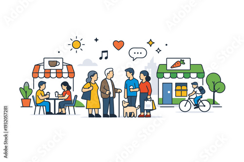 minute city community connection expressed through neighbors gathering near local shops and shared spaces, emphasizing social interaction and strong local