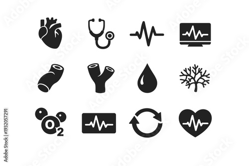 Cardiology. Solid icon set of cardiology: heart, stethoscope, pulse, ECG line, artery, vein, blood drop, capillaries, oxygen molecule, cardiogram, circulation