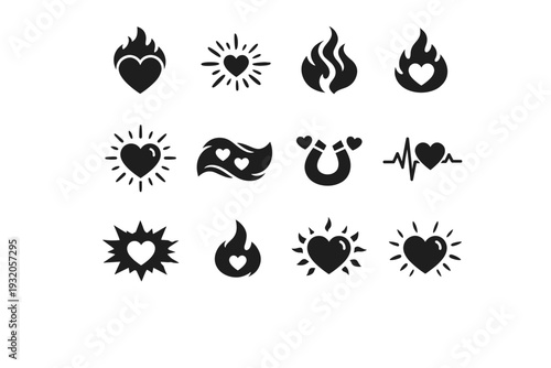 Love and Desire. Solid icon set of Love and Desire: flaming heart, love spark, intertwined flames, desire fire, romantic glow, passion wave, attraction symbol,