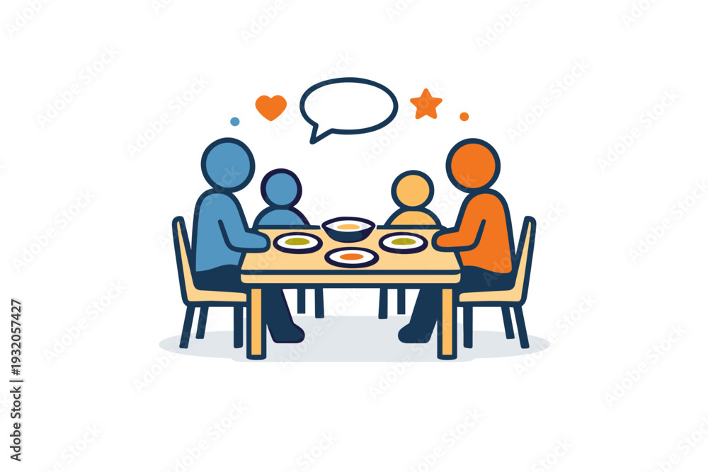 Fototapeta premium Family life shared meals concept shown as a small dining table with multiple plates and simple silhouettes, symbolizing unity, routine and communication.